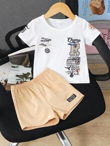 SHEIN Playful Pals 2件套婴幼儿男女通用休闲字母印花上衣和松紧腰工装裤套装，适合0-3岁宝宝，可用于户外运动、休闲外出、购物和旅行，尺码涵盖6个月至2-3岁。 - 白色 - 查看 3
