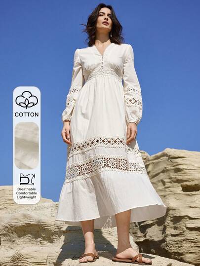 DAZY Spring/Summer Lace Patchwork Elegant Long Dress, Fashion Party/Wedding/Banquet Formal Gown, Slim Fit Office Commute Dress For Women