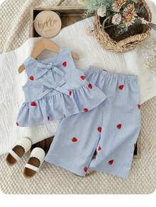 Babygirl Cute Casual Strawberry Striped Bow Decor Camisole & Pants Set - Blue - View 10