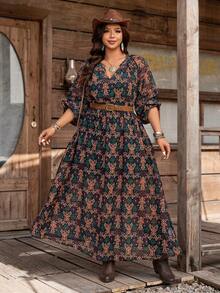 Nubod 大码女式优雅印花收腰雪纺长袖新款连衣裙 - 黑色 - 查看 3