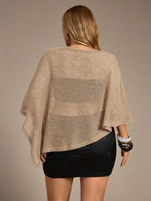 Auralis 新款时尚百搭棕色针织提花镂空连体露背披肩领多穿度假风轻薄罩衫，适合春、秋、夏季穿着 - 卡其色 - 查看 2