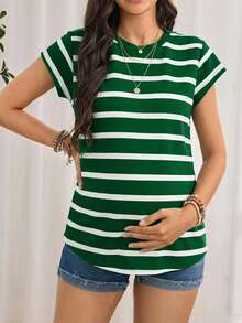 SHEIN Maternity Striped Print Tee - Green - View 4