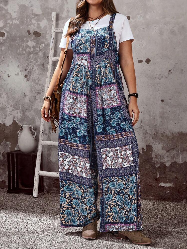 Plus Size Women's Summer Casual Vacation Country Paisley And Floral Print Pocketed Wide Leg Jumpsuit, Relaxed Fit,Summer Clothes,Vacation Outfits Woman / Vacation,Boho Women Clothing,Summer Holiday,Spring Break Outfits ,Vacation Outfits Women ,Holiday Outfits For Women,Going Out Outfits,2026 New Clothes,Simple And Fashionable For Everyday Wear,Suitable For Summer, Vacation, Daily Wear, Boho Jumpsuit For Women, Boho Women's Clothing, Bohemian Clothes For Women,Beach Outfits For Women ,Western Style