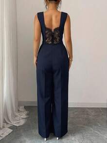 Gloray Women's Contrast Lace Sleeveless Wide Leg Casual Jumpsuit - Navy Blue - View 2