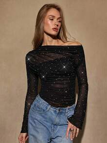 SHEIN BAE Blusa ajustada con adornos de strass, volantes asimétricos y malla transparente de moda sexy para mujer - Negro - Ver 5