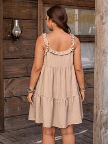 Breezaya Vestido Curto Cáqui Casual Confortável Simples com Babado, Laço no Pescoço e Laço para Mulheres Plus Size, Primavera/Verão - Caqui - Visão 2