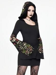 ROMWE Goth 女士连帽喇叭袖蘑菇飞蛾印花紧身迷你连衣裙 - 黑色 - 查看 1