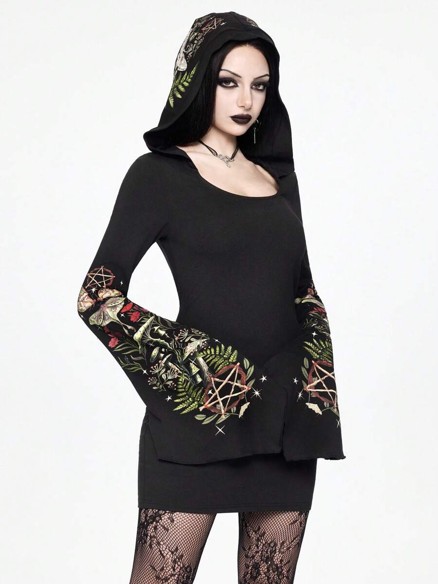 ROMWE Goth 女士连帽喇叭袖蘑菇飞蛾印花紧身迷你连衣裙 - 黑色 - 查看 1
