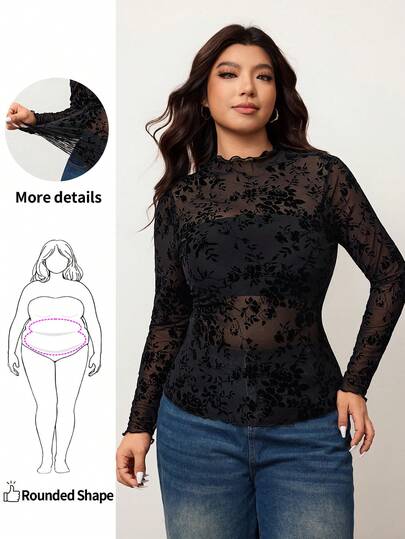 Enliva 大码女式黑色花卉线植绒网眼高领透明长袖上衣（不含胸罩）