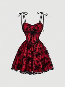 SHEIN CURVE+ 加大码/情人节/女士复古黑色网纱刺绣蝴蝶结吊带A字摆短款迷你连衣裙 - 彩色 - 查看 6
