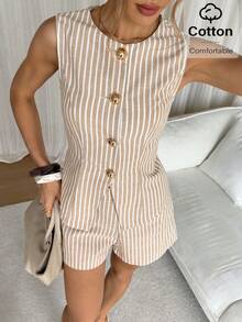 Siren Gaze Women's Striped Single-Breasted Vest And Shorts Casual Suit Set - Multicolor - View 7