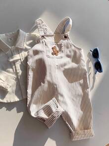 SHEIN 男婴休闲可爱百搭条纹卡通熊图案围兜连体衣 - 彩色 - 查看 6