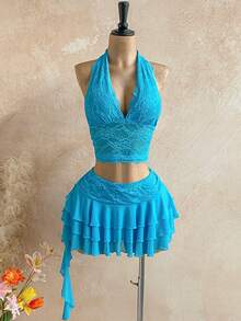 Soleia 女士度假蕾丝吊带上衣和荷叶边迷你裙性感两件套 - 藍色 - 查看 5