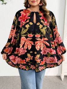 SHEIN CURVE+ Plus Size Vacation Women's Long Sleeved Round Neck Tied Pattern Top, Tropical Pattern Pattern Shirt/2026 /New Year - Multicolor - View 3