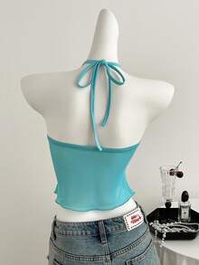 Elamini 女士浅蓝色亮片刺绣网纱吊带背心，性感休闲度假风，春夏款 - 藍色 - 查看 2