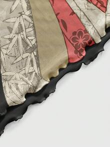 ROMWE Avant Cute Sheer Mesh New Chinese Style Sexy Slogan Calligraphy Geisha Pine Tree Print Short Sleeve Women Top - Black - View 4