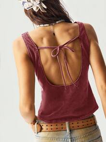 Bohemela Casual Solid Color Knitted Backless Fitted Women's Tank Top Tie Back Top Open Back Tops Backless Tops Bow Back Top Tie Back Tank - Rose Red - View 5