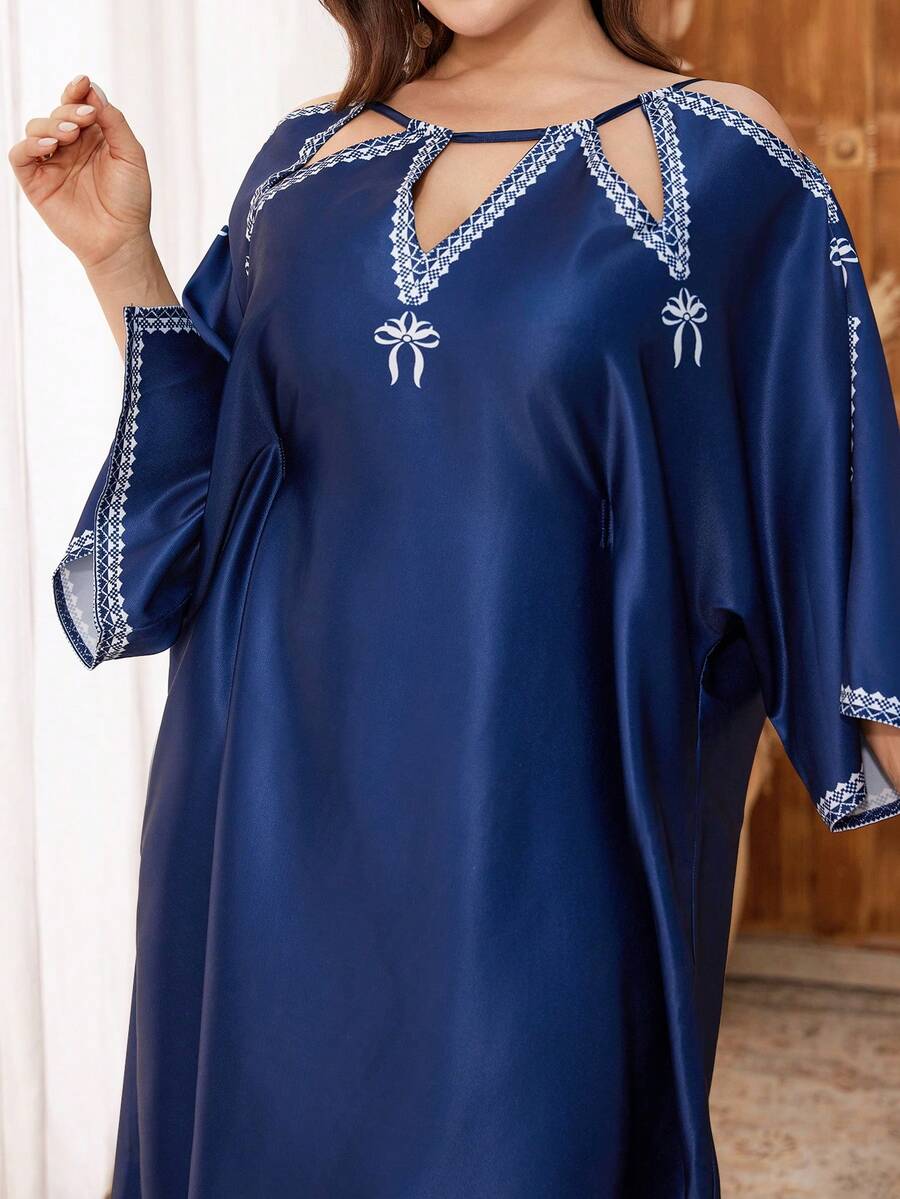 Al Najma Plus Size Lace-Up Hollow Out Shiny Graphic Print Dress Kaftan Jalabiya Dress