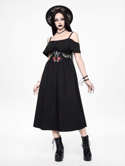 ROMWE Gothic Embroidered Off Shoulder Open Shoulder Midi Dress For Women