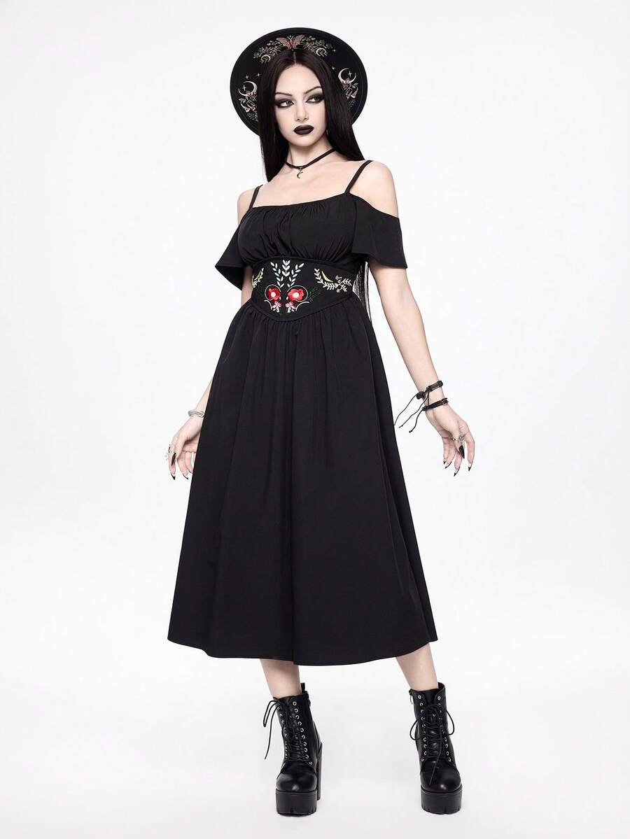 ROMWE Gothic Embroidered Off Shoulder Open Shoulder Midi Dress For Women - Black - View 1