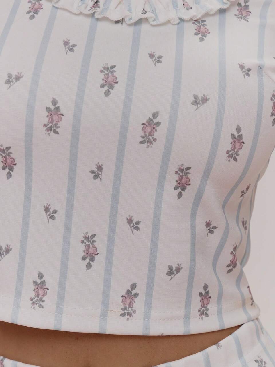 White And Blue Floral,Summer,Casual,Lounge,Party Ruffled Hem Scoop Neck Stripe Print Three Quarter Sleeve Top With Fitted Low Rise Ruffle Hem Shorts