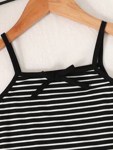 Young Girl's Fashionable & Cute Minimalist Black & White Striped Patchwork Fitted Long Camisole Dress, Summer - Black and White - View 4