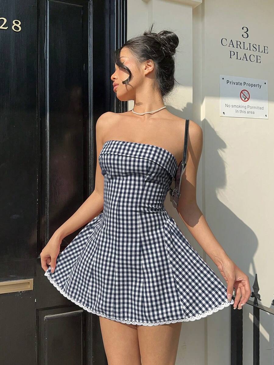 Aloruh Women's Sexy Vintage Red & White Plaid Print Ruched Waist Vacation Mini Dress - Navy Blue - View 1