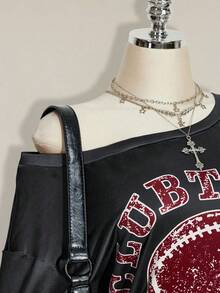 SHEIN ICON Plus Size Women Y2K Vintage Football Graphic Oblique Shoulder Loose Casual T-Shirt - Multicolor - View 6