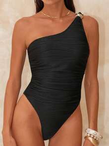 Swim Chiccia 1件装女士纯色波浪纹连体泳衣，带金色装饰 - 黑色 - 查看 7