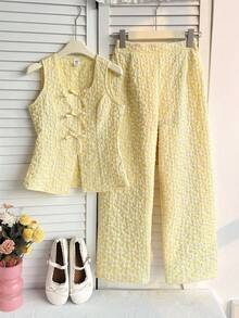 SHEIN Tween Girl Solid Color Crew Neck Sleeveless Shirt And Pants Casual Outfit - Yellow - View 4