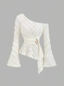 Sweetra Y2K Sexy Asymmetric Shoulder Textured Fabric Metal Buckle Pleated Asymmetrical Hem T-Shirt - Apricot - View 3