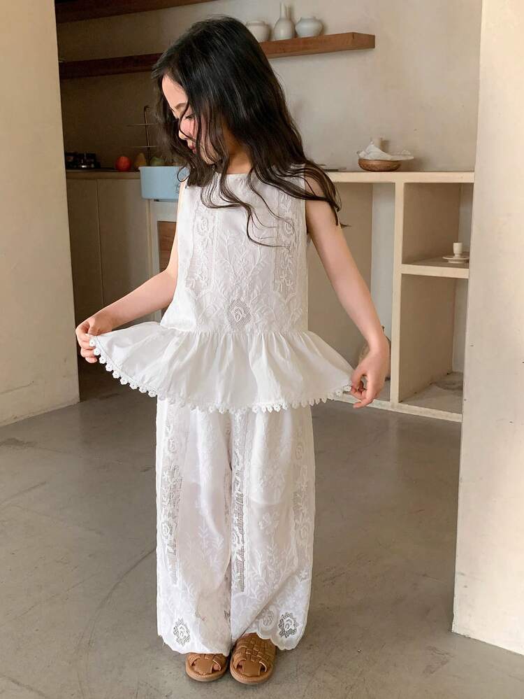 Young Girls Summer New Lace Patchwork Ruffle Trim Korean Style Sleeveless Blouse Set