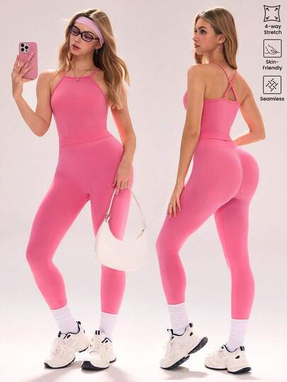 Sovereign Charm Conjunto deportivo sin costuras rosa para mujer, top tipo camiseta y pantalones de yoga 3/4