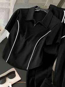 Resyla 2pcs Women Casual Collared Short Sleeve Top And Drawstring Waist Pants Set - Black - View 5