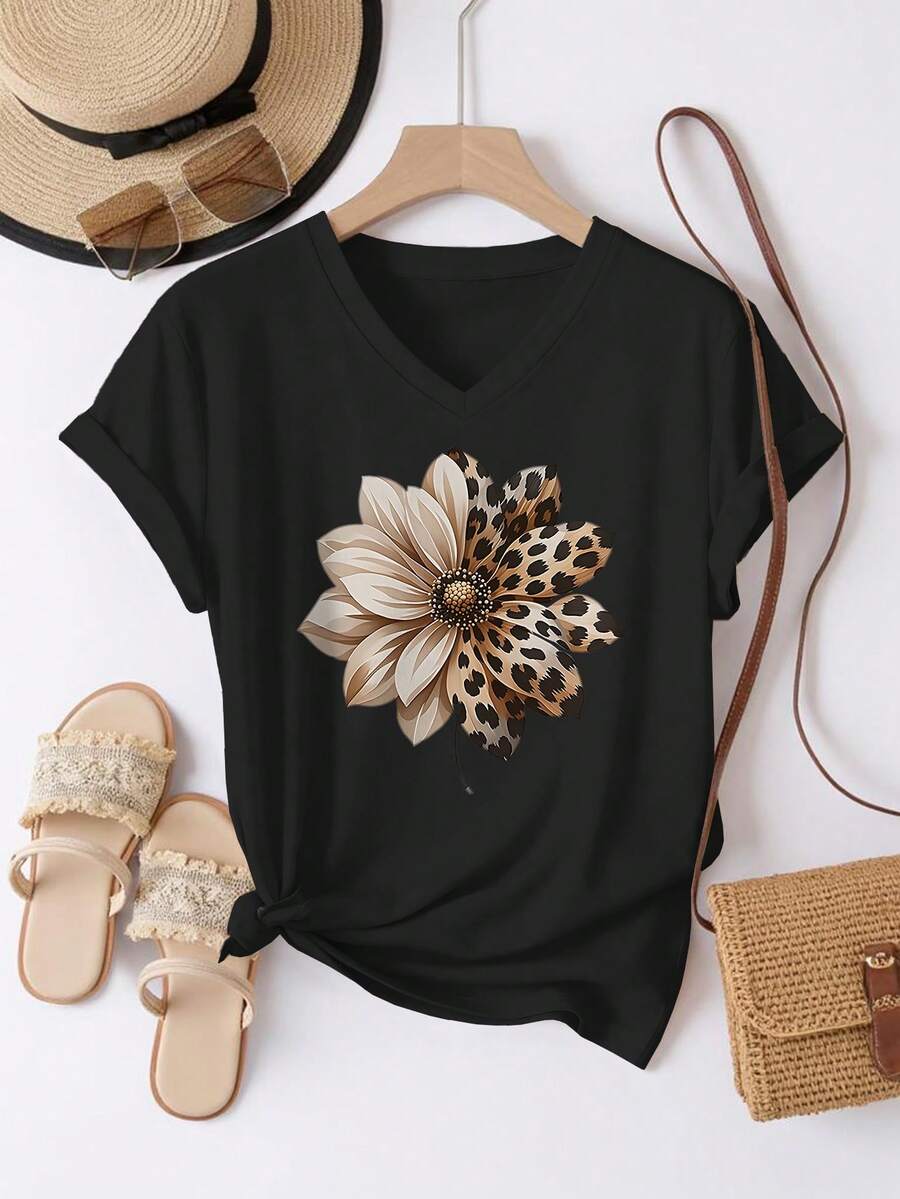 EMERY ROSE Áo thun nữ mùa hè, kiểu dáng thường ngày, cổ tròn, tay ngắn, họa tiết da báo và hoa. - màu đen - Xem 1