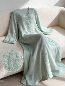 Al Najma 浅绿色V领贴花长袖宽松时尚优雅女式连衣裙 - 薄荷綠 - 查看 10