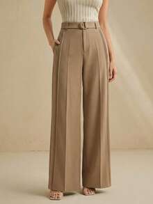 Anewsta 女士优雅精致卡其色阔腿裤，配有腰带和褶裥裤腿设计 - 杏色 - 查看 4