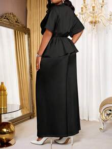 SHEIN Lady 大码女式优雅纯色上衣和宽松长裤两件套 - 黑色 - 查看 3