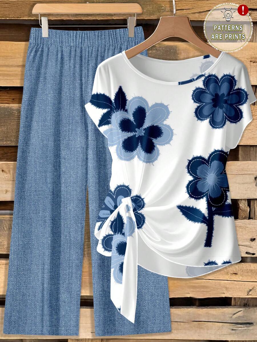 SHEIN Clasi 休闲复古优雅通勤百搭暖色印花图案，沙滩/度假装，夏季户外女式系带蝴蝶结衬衫搭配宽松直筒裤两件套 - 彩色 - 查看 1