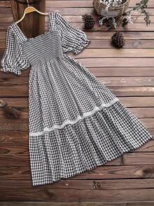 Linhara Đầm nữ cỡ lớn kẻ caro viền ren thời trang thường ngày, thích hợp cho kỳ nghỉ và hẹn hò, phù hợp cho nữ. - Đen và trắng - Xem 2