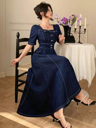 DAZY 女士休闲水洗假口袋方领泡泡袖牛仔连衣裙，夏季