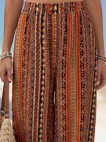 复古花卉竖条纹弹力腰哈伦裤（女款） - 彩色 - 查看 4