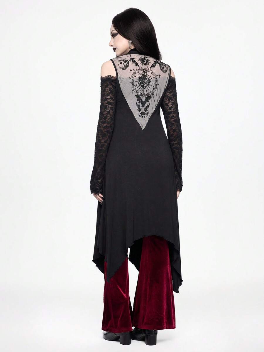 ROMWE Goth Top sin mangas con dobladillo asimétrico y diseño calado con corazón bordado y espinas, inspirado en el oscuro bosque prohibido - Negro - Ver 1