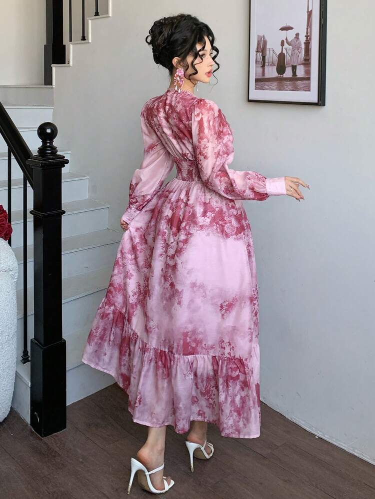 Women's Elegant Floral Lace Patchwork Puff Sleeve Mid-Length Dress, Spring/Summer Wedding Guest Dress Maxi Dress Sundress