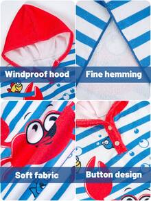 Infant/Toddler Boys' Blue Cartoon Shark Print Hooded Cover Up Towel, Swimwear Cover-Up, Bathrobe, Beach Wrap, Suitable For Swimming, Bath Toddler Beach Cover Up 24 Month Boy Hooded Cover Up Toddler Hooded Cover Up Baby Beach Poncho Crab Design Towel Striped Swim Coverup - Multicolor - View 7