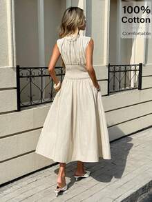 Siren Gaze 女士休闲通勤扭腰无袖中长连衣裙，夏季 - 杏色 - 查看 6