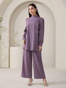 Veilorie 女士纯色立领长袖系腰镶钻衬衫和裤子优雅两件套 - 紫色 - 查看 4