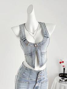 Elamini 女士休闲无袖牛仔外套，夏季 - 藍色 - 查看 1