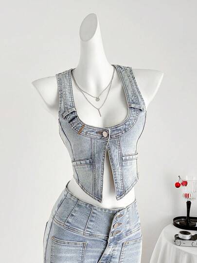 Elamini 女士休闲无袖牛仔外套，夏季