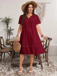 EMERY ROSE Plus Size Women Summer Casual Solid V-Neck Dress - Burgundy - View 4